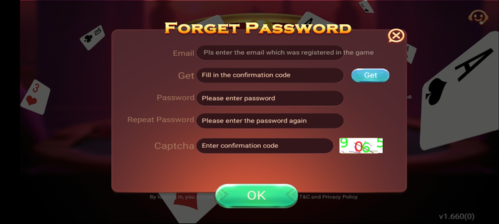 password reset interface of 3 patti gold new